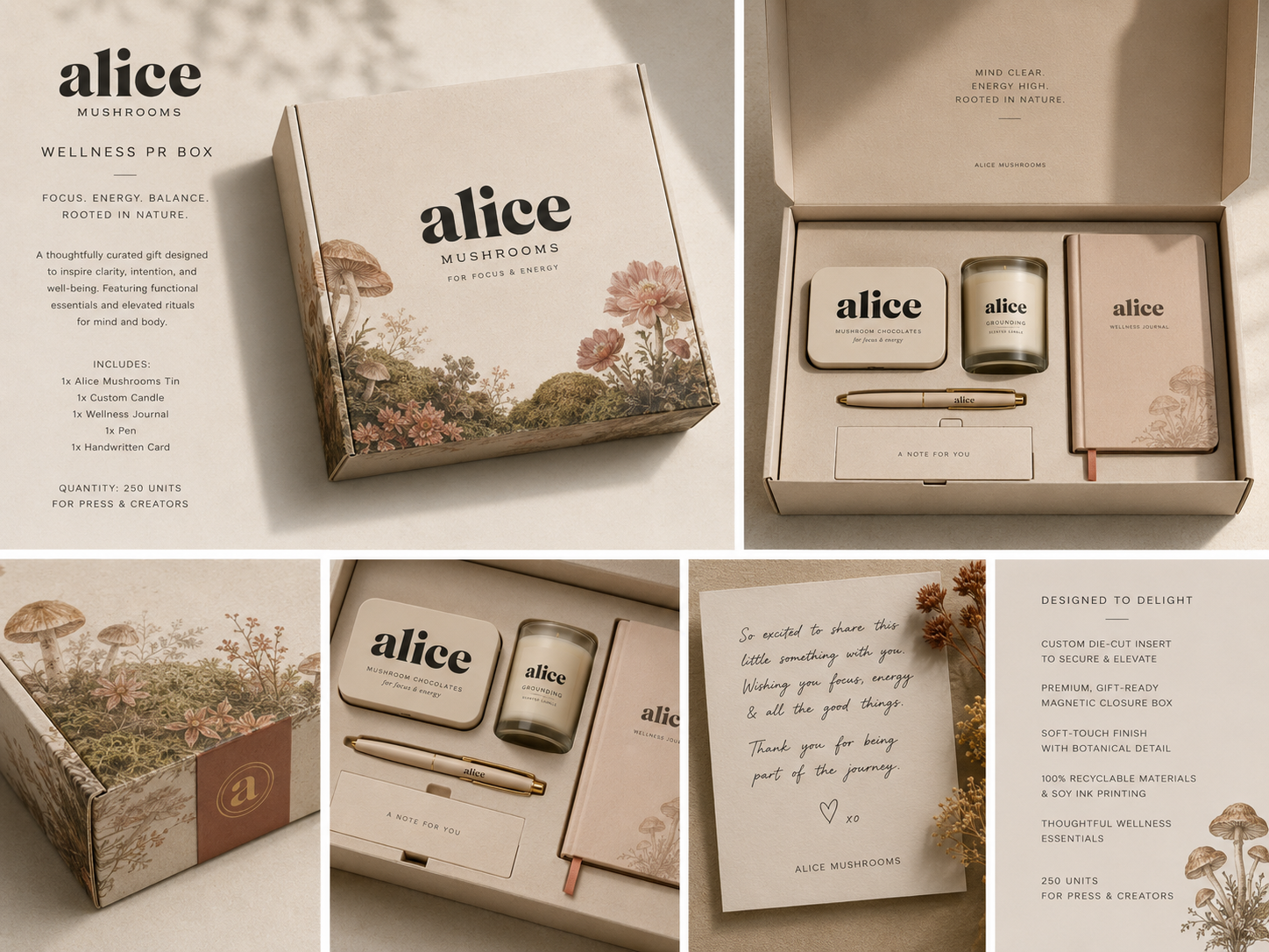 Whimsical gift concept with mushrooms and keepsakes
